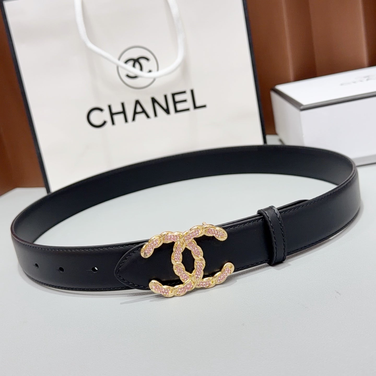 Chanel 2026 Double CC Crystal Buckle Belt 30mm Cowhide
