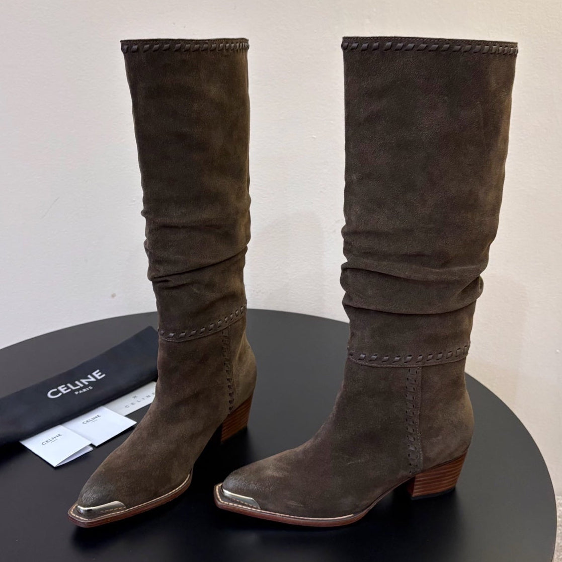 Celine 2026 Western Knee-High Boots 50mm Suede Leather 104847