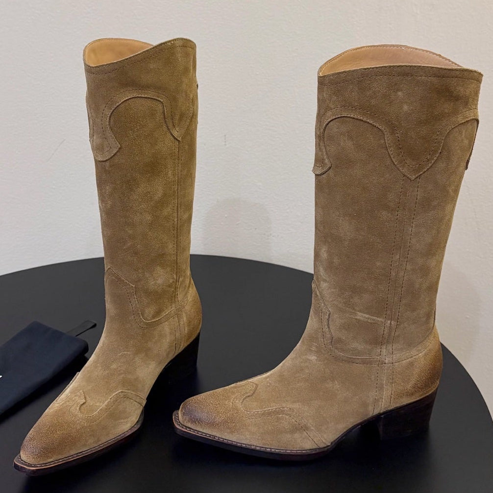 Celine 2026 Embroidered Mid-Calf Boots 50mm Calfskin Suede 104856