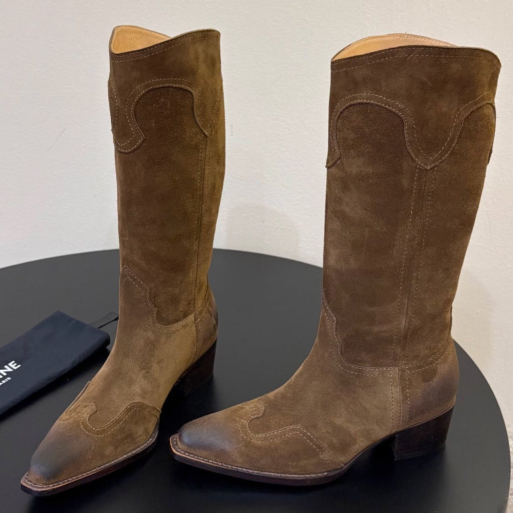 Celine 2026 Embroidered Mid-Calf Boots 50mm Calfskin Suede 104856
