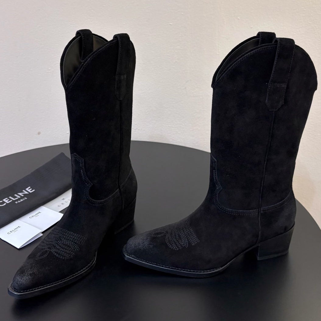 Celine 2026 Western Mid-Calf Cowboy Boots 50mm Suede Calfskin 104857