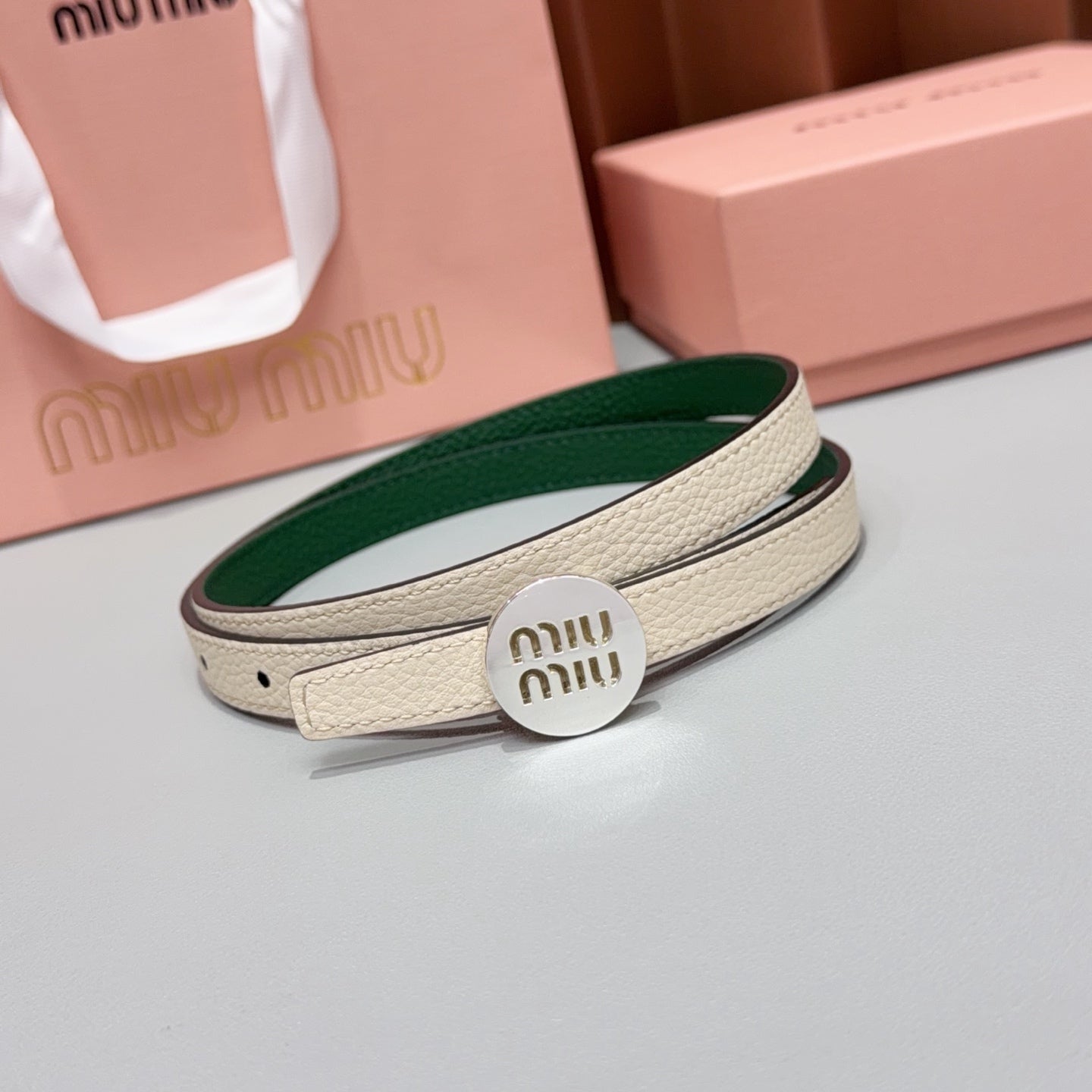 Miumiu 2026 Round Logo Buckle Belt 15mm Cowhide 215692