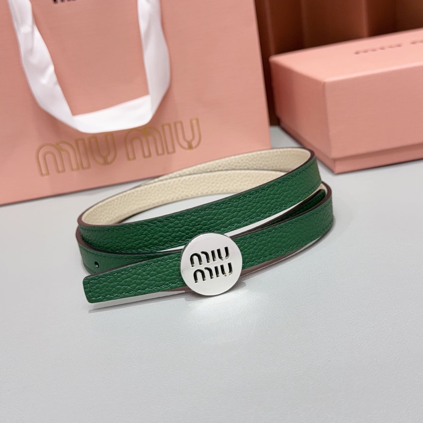 Miumiu 2026 Round Logo Buckle Belt 15mm Cowhide 215692