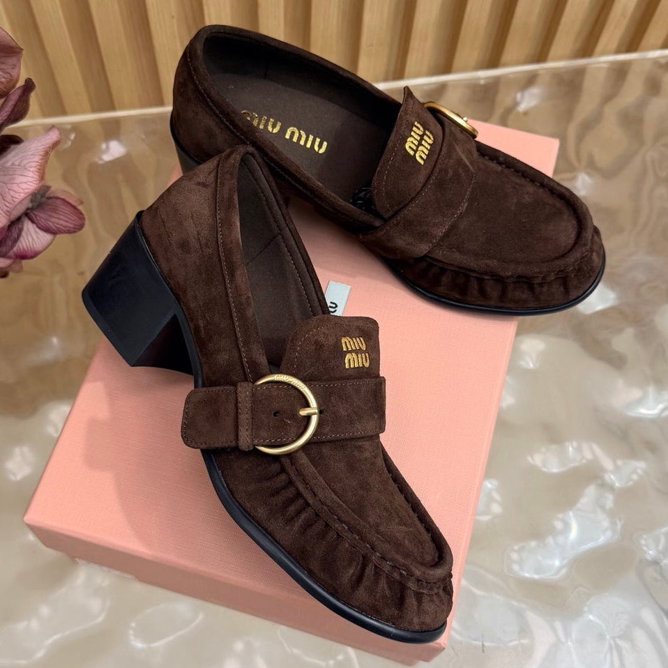 Miu Miu 2026 Buckle Chunky Heel Loafers Cowhide Suede 994167