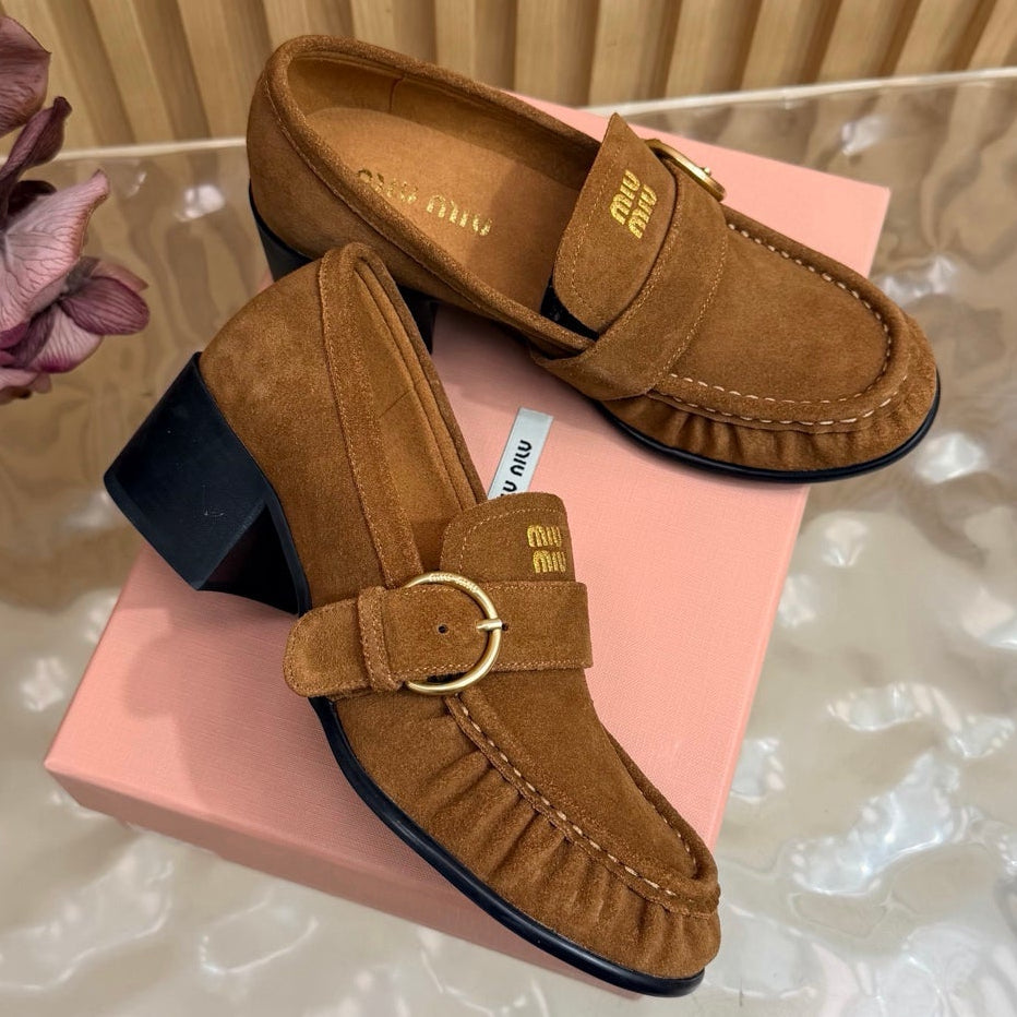 Miu Miu 2026 Buckle Chunky Heel Loafers Cowhide Suede 994167