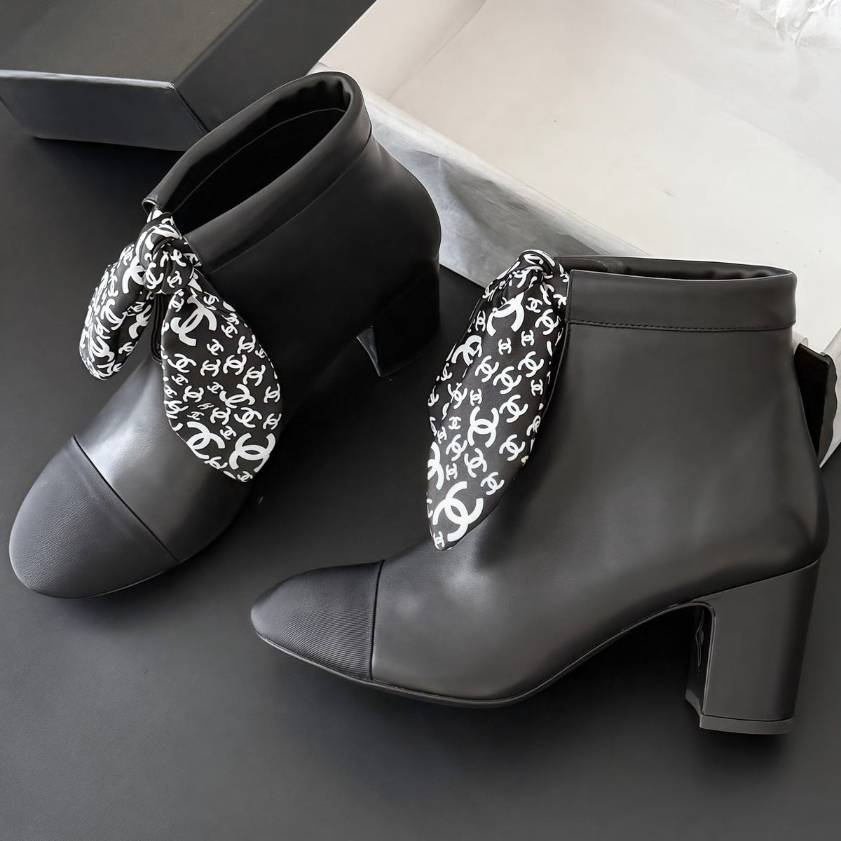 Chanel 2026 Scarf Pattern Ankle Boots 65mm Leather 127893