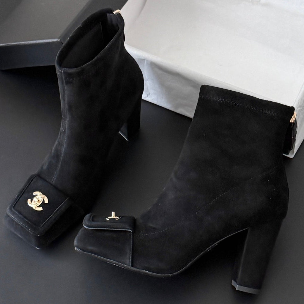 Chanel 2026 Square Toe Ankle Boots 80mm Suede Leather 127924