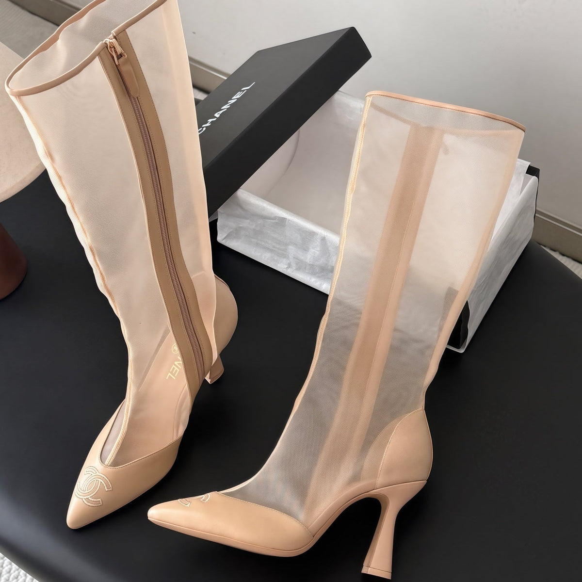 Chanel 2026 Pointed Toe Knee-High Boots 80mm Mesh Suede Leather 127974