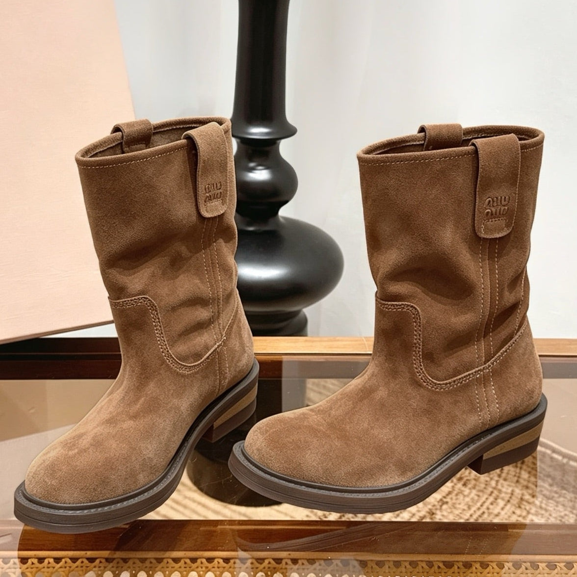 Miu Miu 2026 Thick-Soled Mid-Calf Slouch Boots Suede 991033