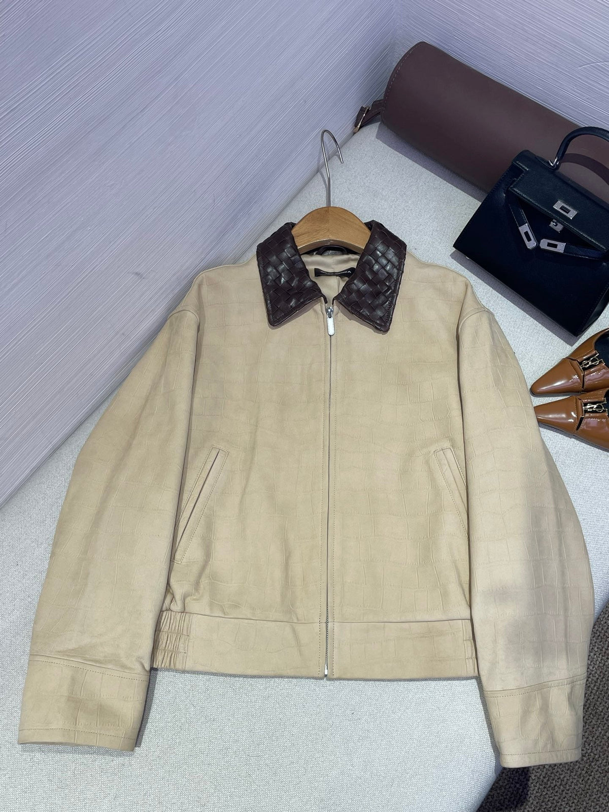 Bottega Veneta 2026 Crocodile Embossed Jacket Light Beige Leather 425329