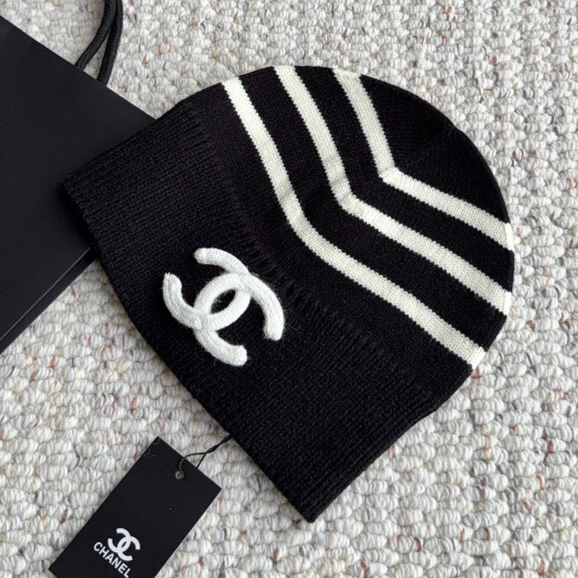 Chanel Striped Knit Beanie Hat 454061
