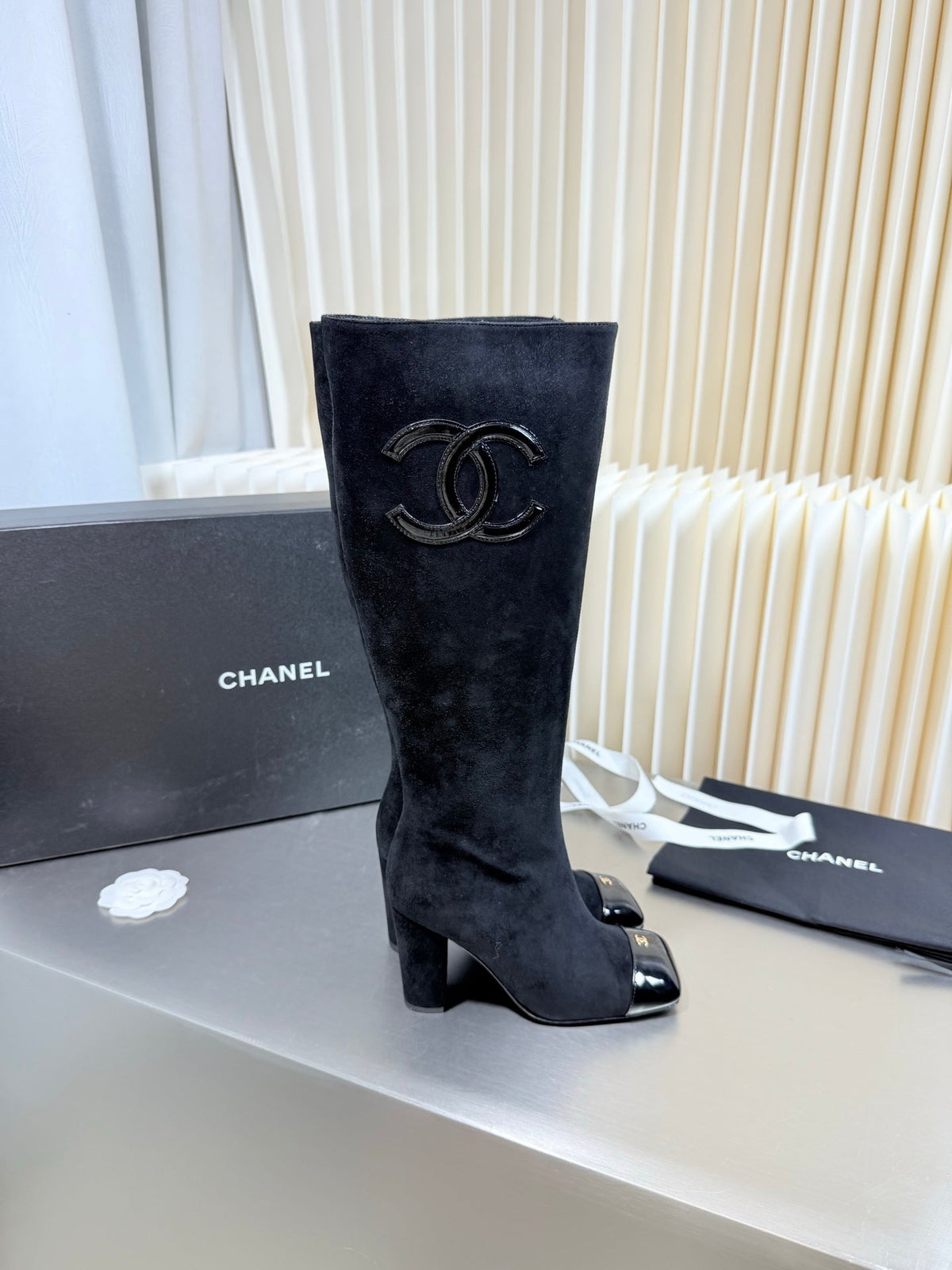 Chanel 2026 Square-Toe Knee-High Boots Suede Leather 123376