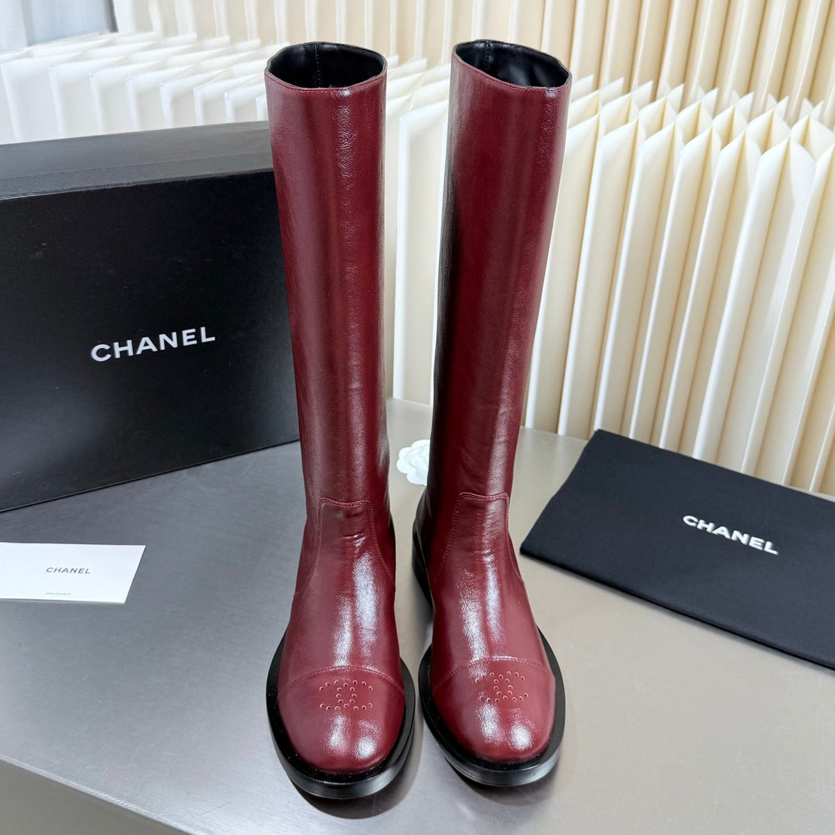 Chanel 2026 Perforated Toe Boots Burgundy Patent Leather 123448
