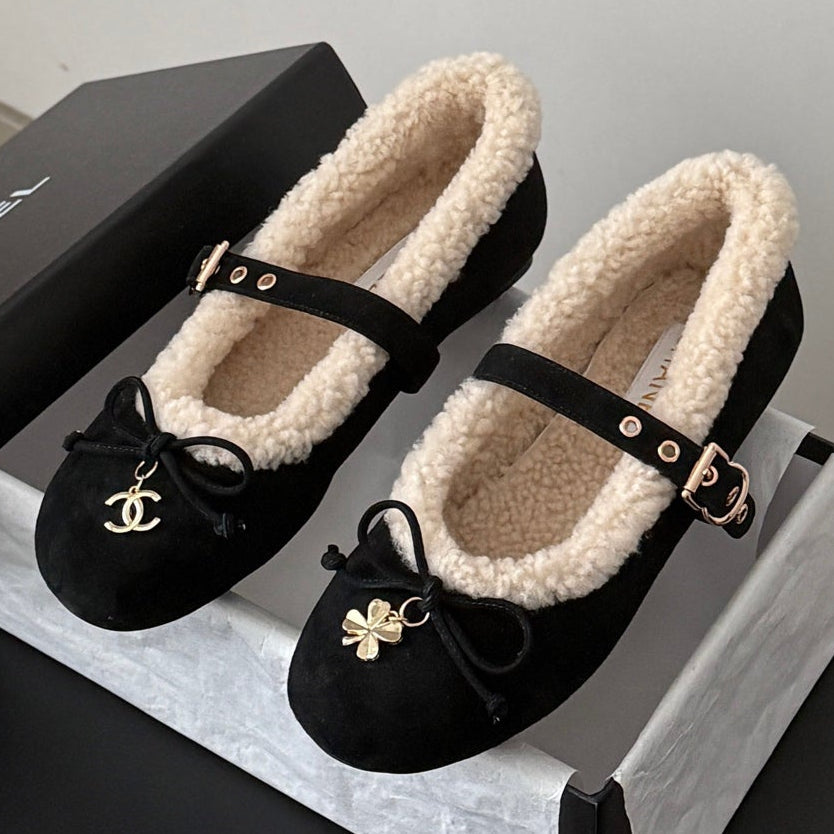 Chanel 2026 Bow Ballet Flats Wool Suede Leather 128295