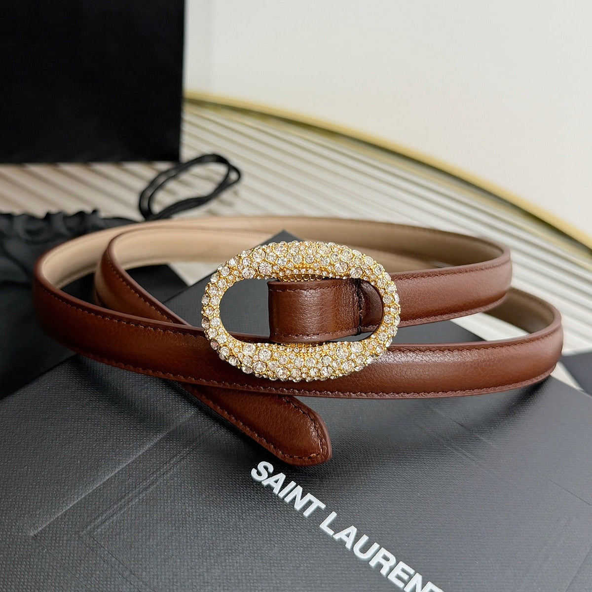 Saint Laurent 2026 Oval Belt 15mm Brown Leather 219066