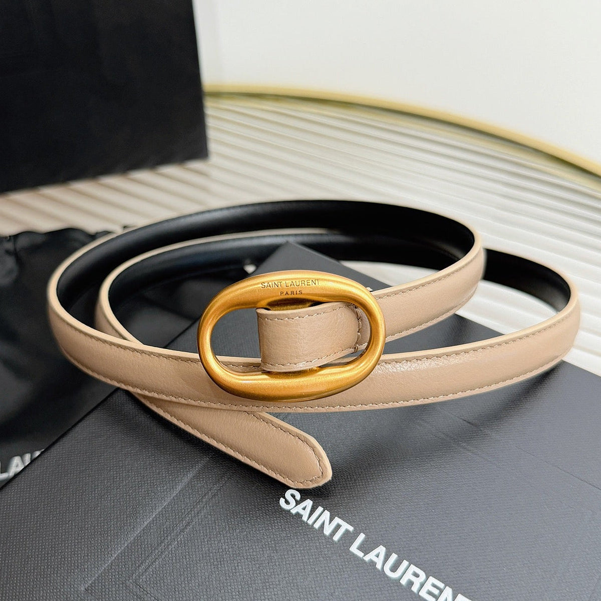 Saint Laurent 2026 Oval Belt 15mm Beige Leather 219073