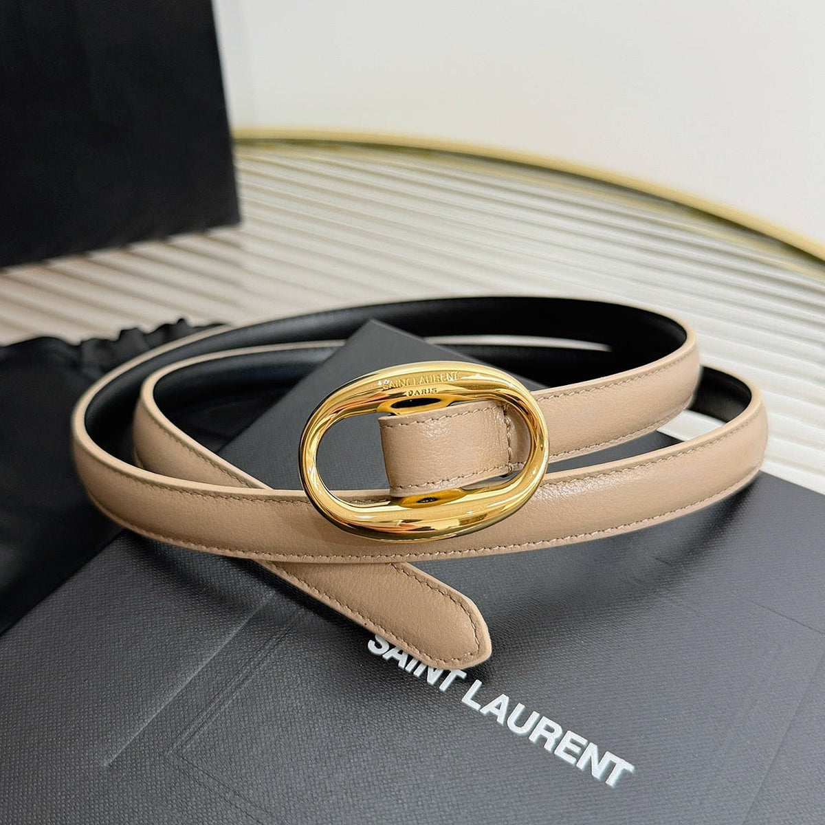 Saint Laurent 2026 Oval Belt 15mm Beige Leather 219073