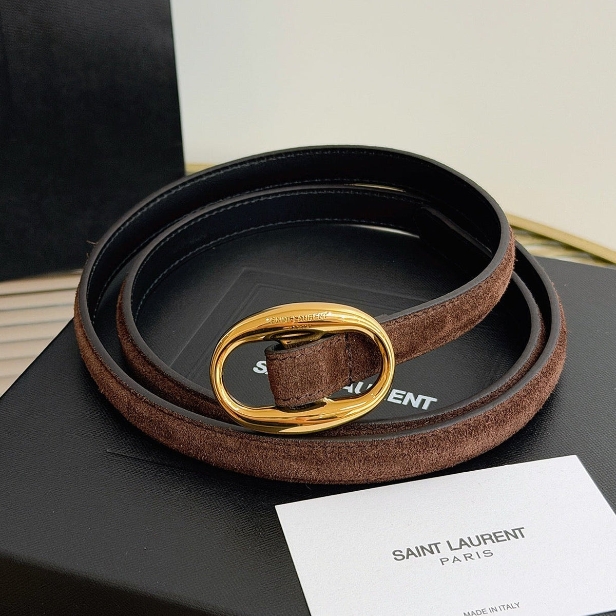 Saint Laurent 2026 Oval Belt 15mm Brown Suede 219134