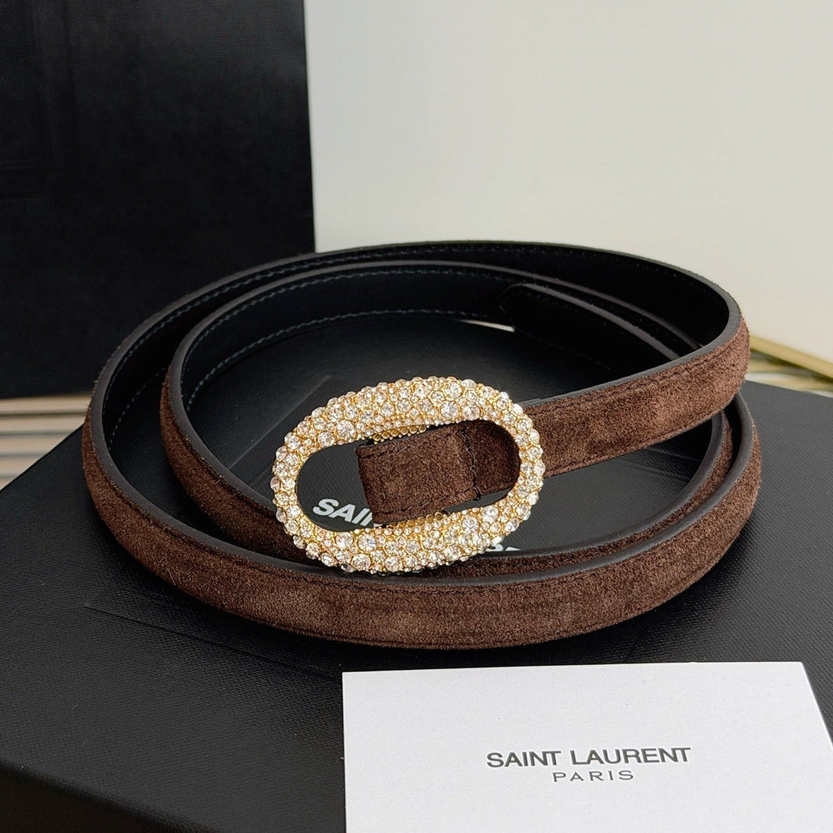 Saint Laurent 2026 Oval Belt 15mm Brown Suede 219134