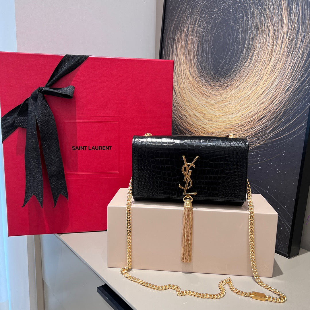 YSL 2026 Kate Bag 20cm Gold Hardware Croc-Embossed Leather