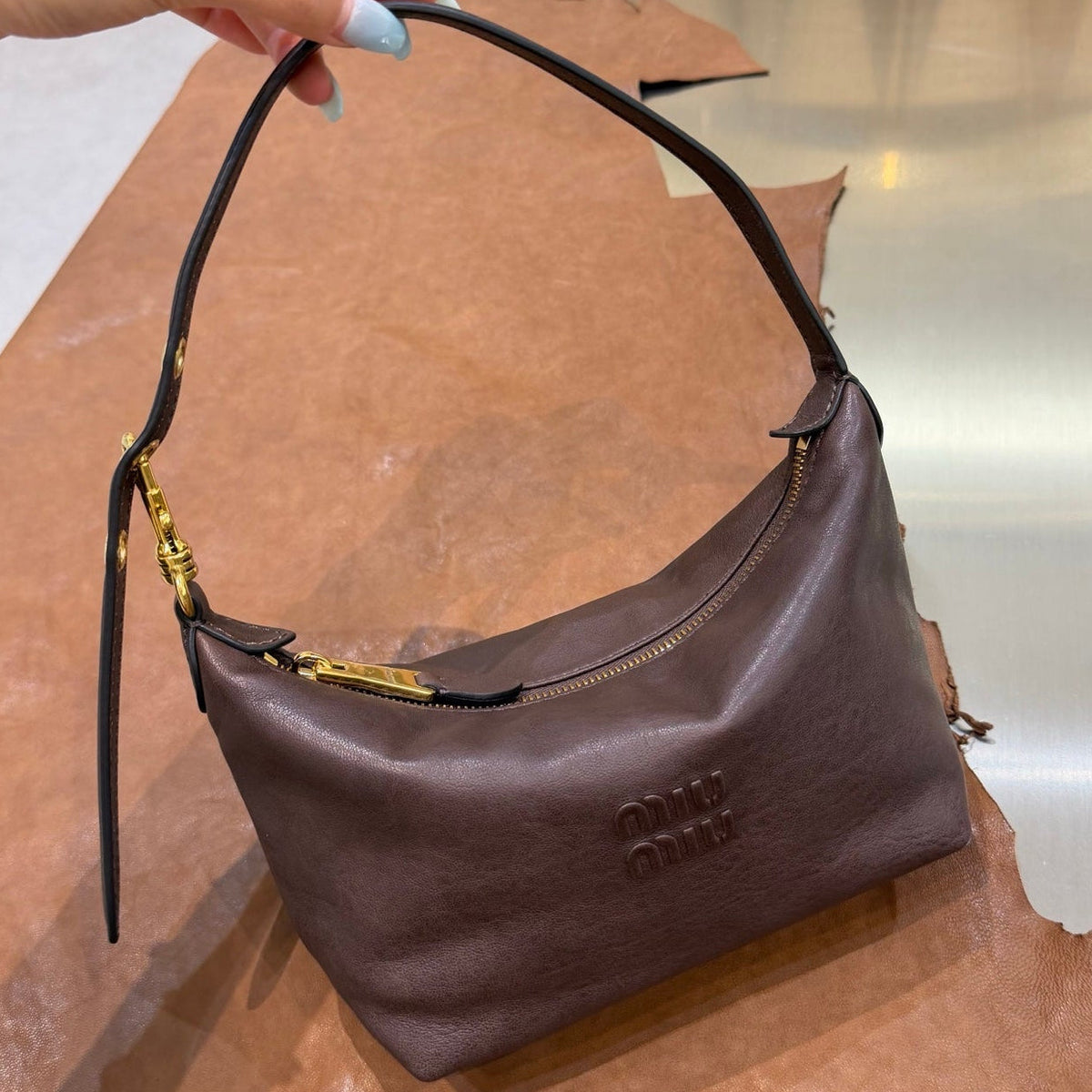MiuMiu 2026 Spirit Pouch Bag 19cm Dark Brown Nappa Leather