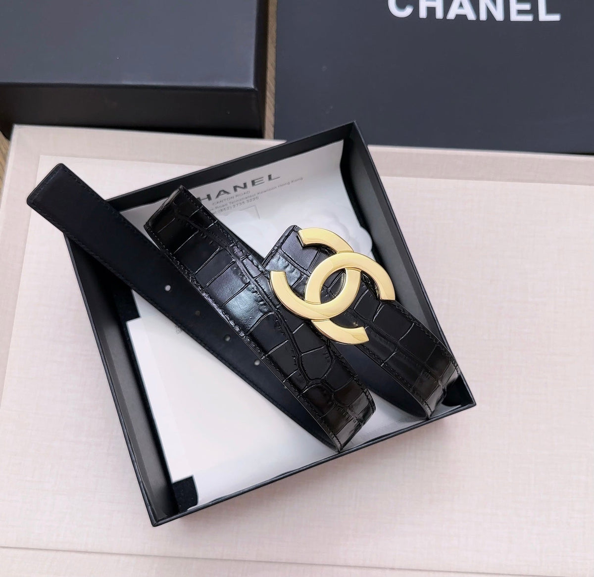 Chanel 2026 Crocodile Embossed Belt 30mm Leather 218762