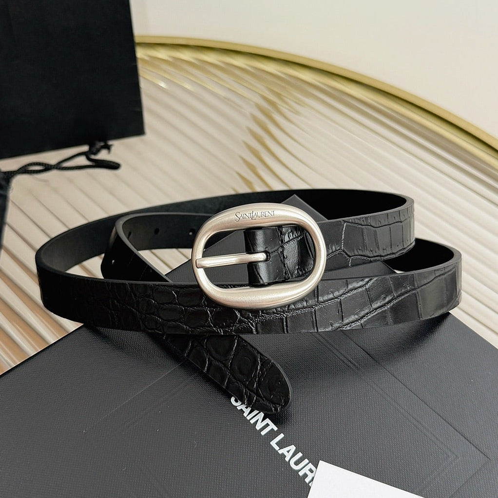 Saint Laurent 2026 Oval Buckle Thin Belt 20mm Leather 219778