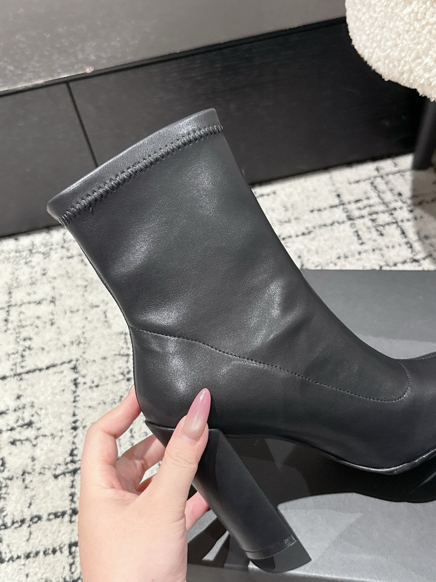 Alaia 2025 Square Toe High Heeled Ankle Boot Black Calfskin 558666