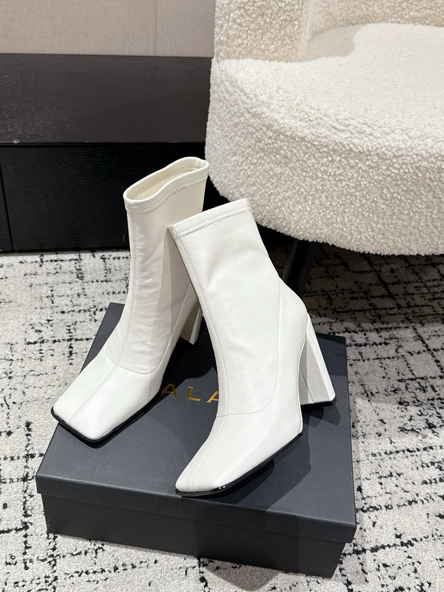 Alaia 2025 Square Toe High Heeled Ankle Boot White Calfskin 558667