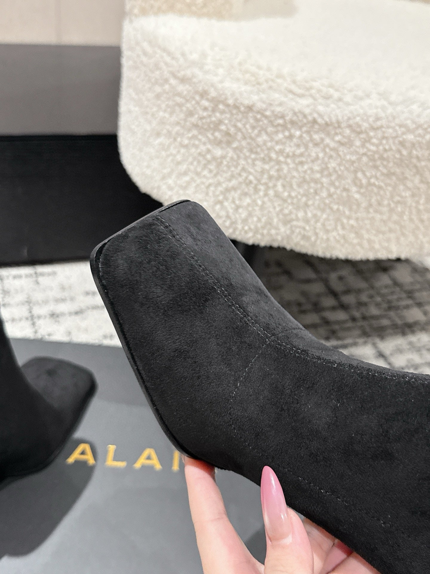 Alaia 2025 Square Toe High Heeled Ankle Boot Black Suede 558668