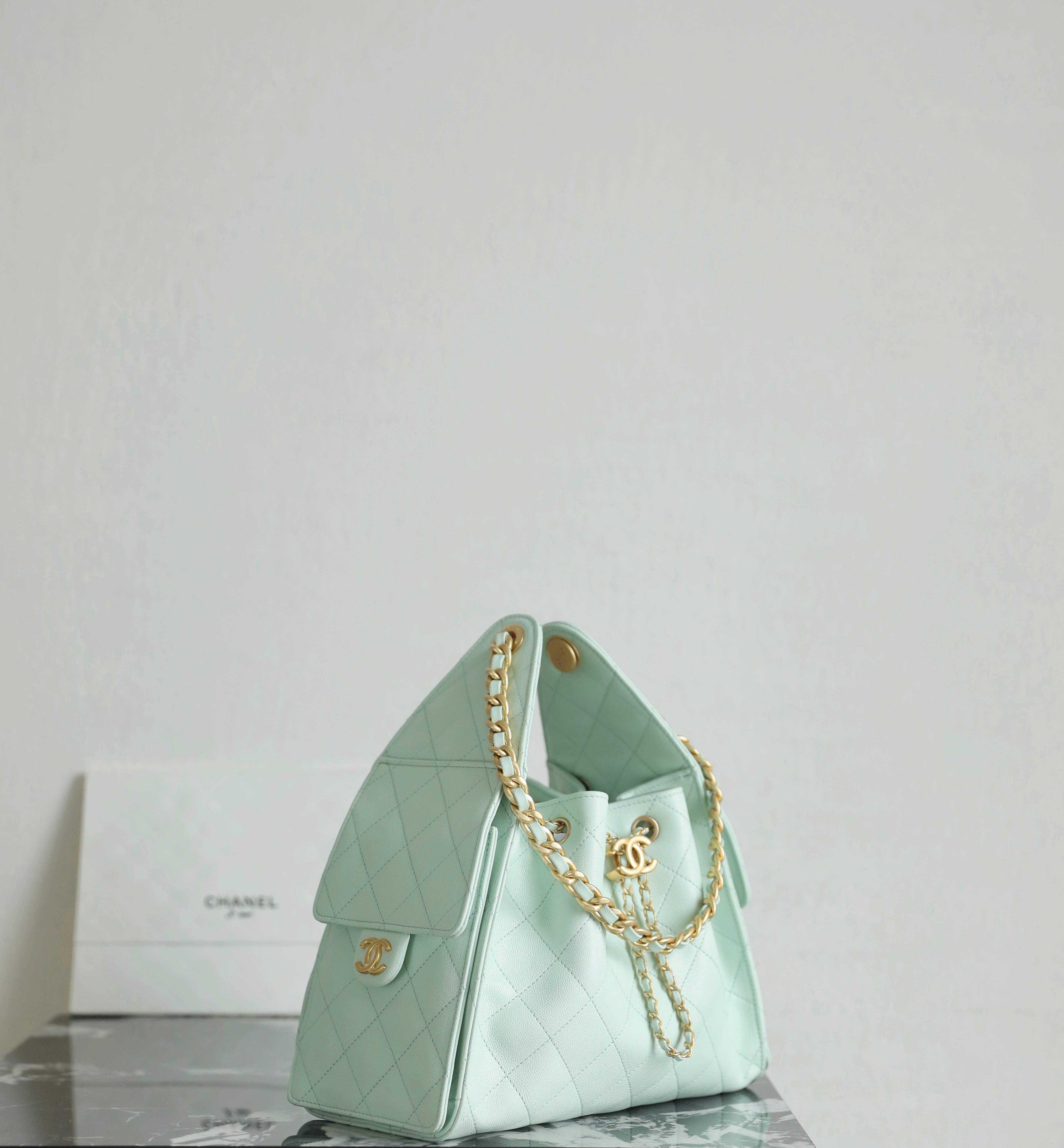 Chanel 2025 Hobo Bag 30cm Light Green Caviar Leather 338737