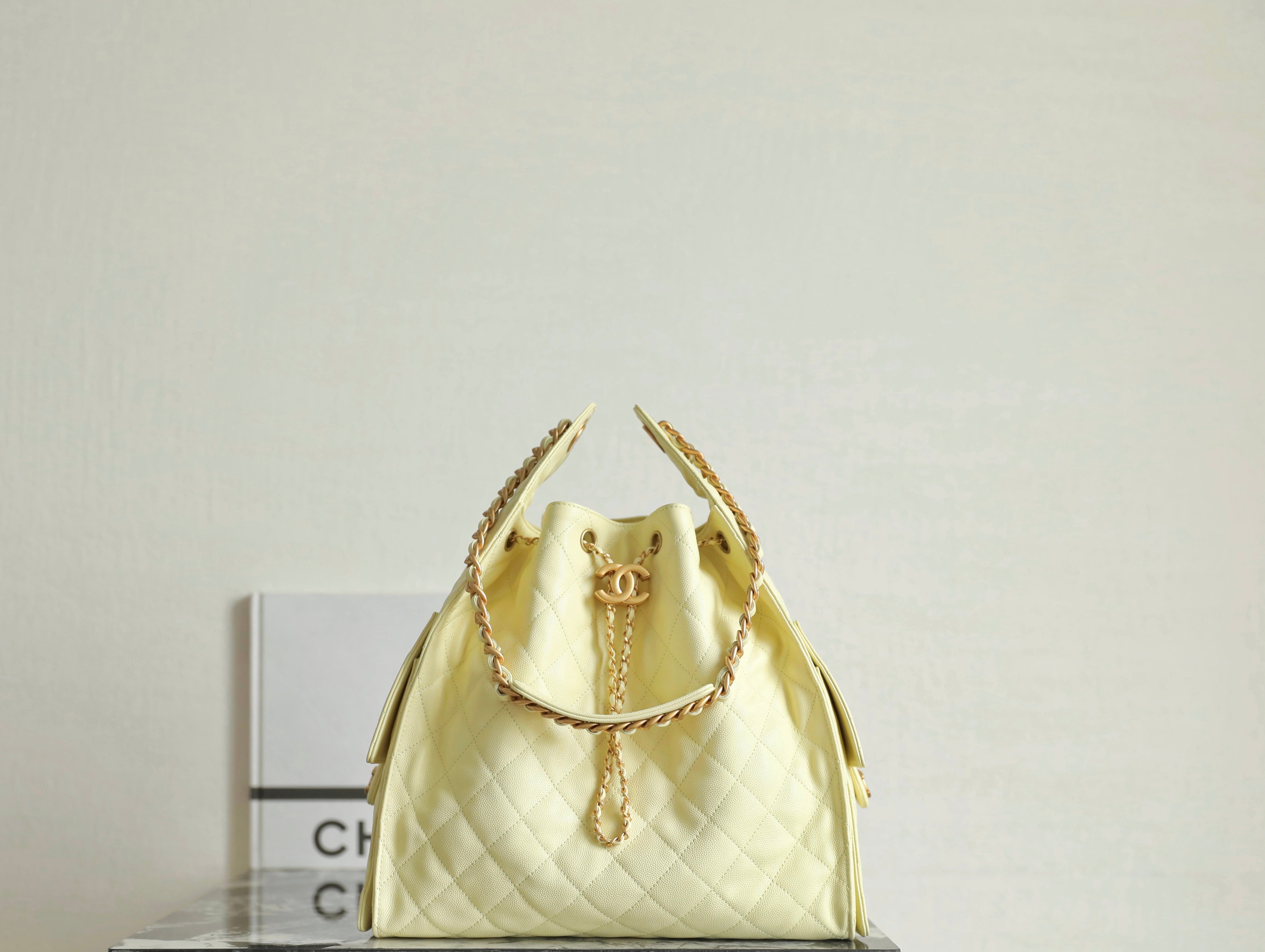 Chanel 2025 Hobo Bag 40cm Light Yellow Caviar Leather 344300