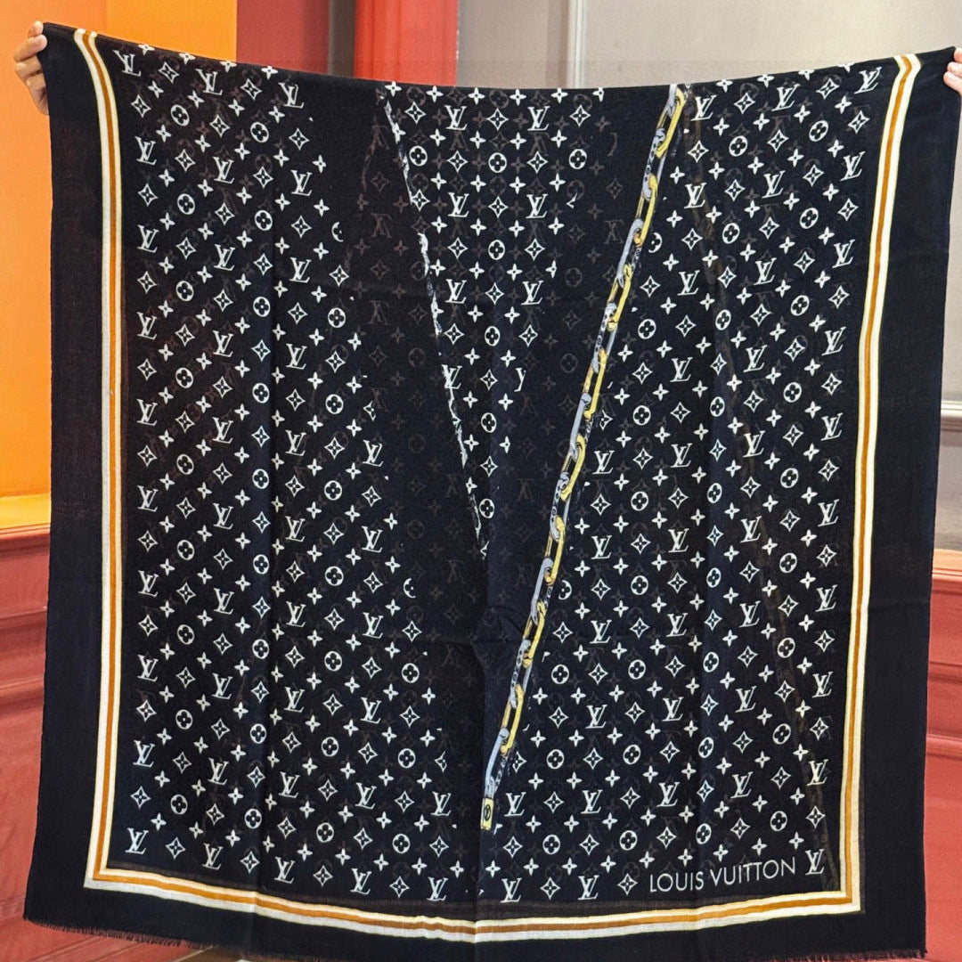 LV Monogram Long Scarf 200cm Black Beige Cashmere 969170