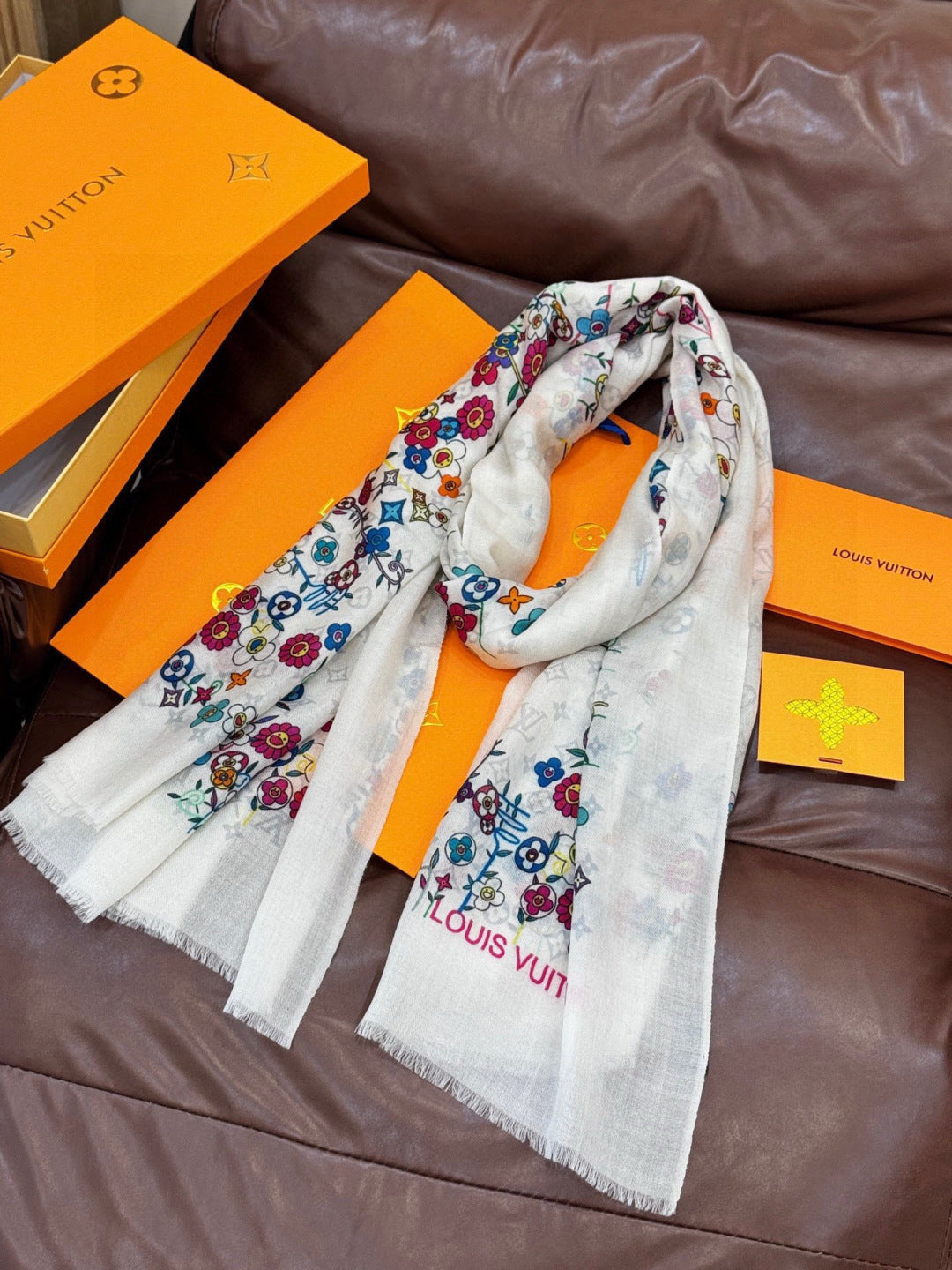 LV x TM Monogram Superflat Flowers 140cm White Multicolor Silk Wool 969172