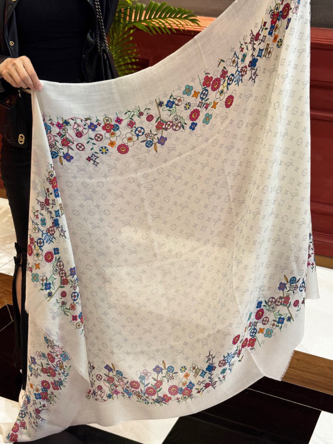 LV x TM Monogram Superflat Flowers 140cm White Multicolor Silk Wool 969172