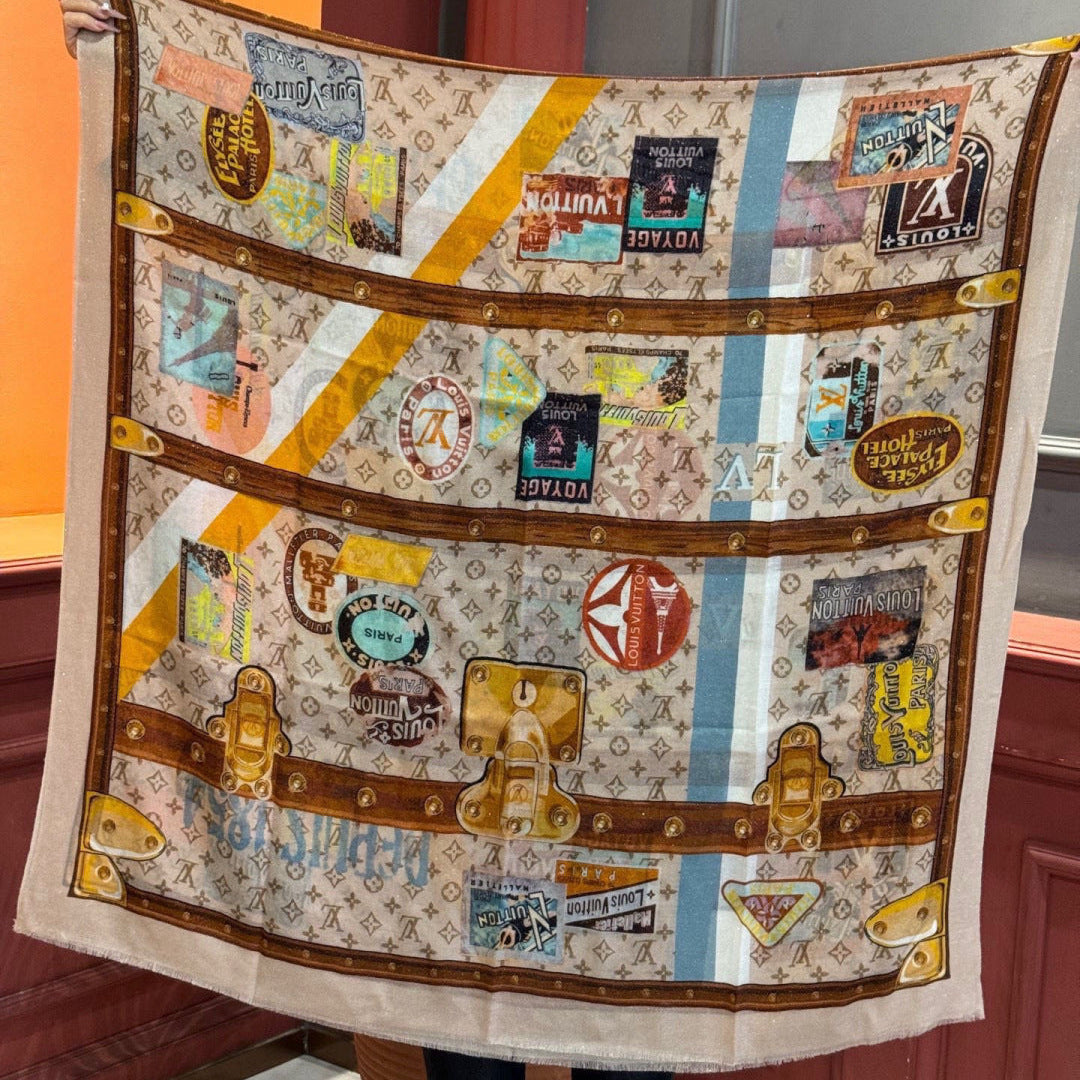 LV Silver Thread Long Scarf 200cm Beige Brown Cashmere 969181