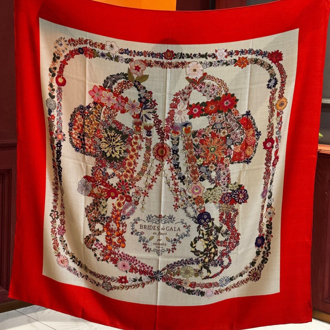 HM 25s Velvet Square Scarf 140cm Light Beige Red Cashmere 976213