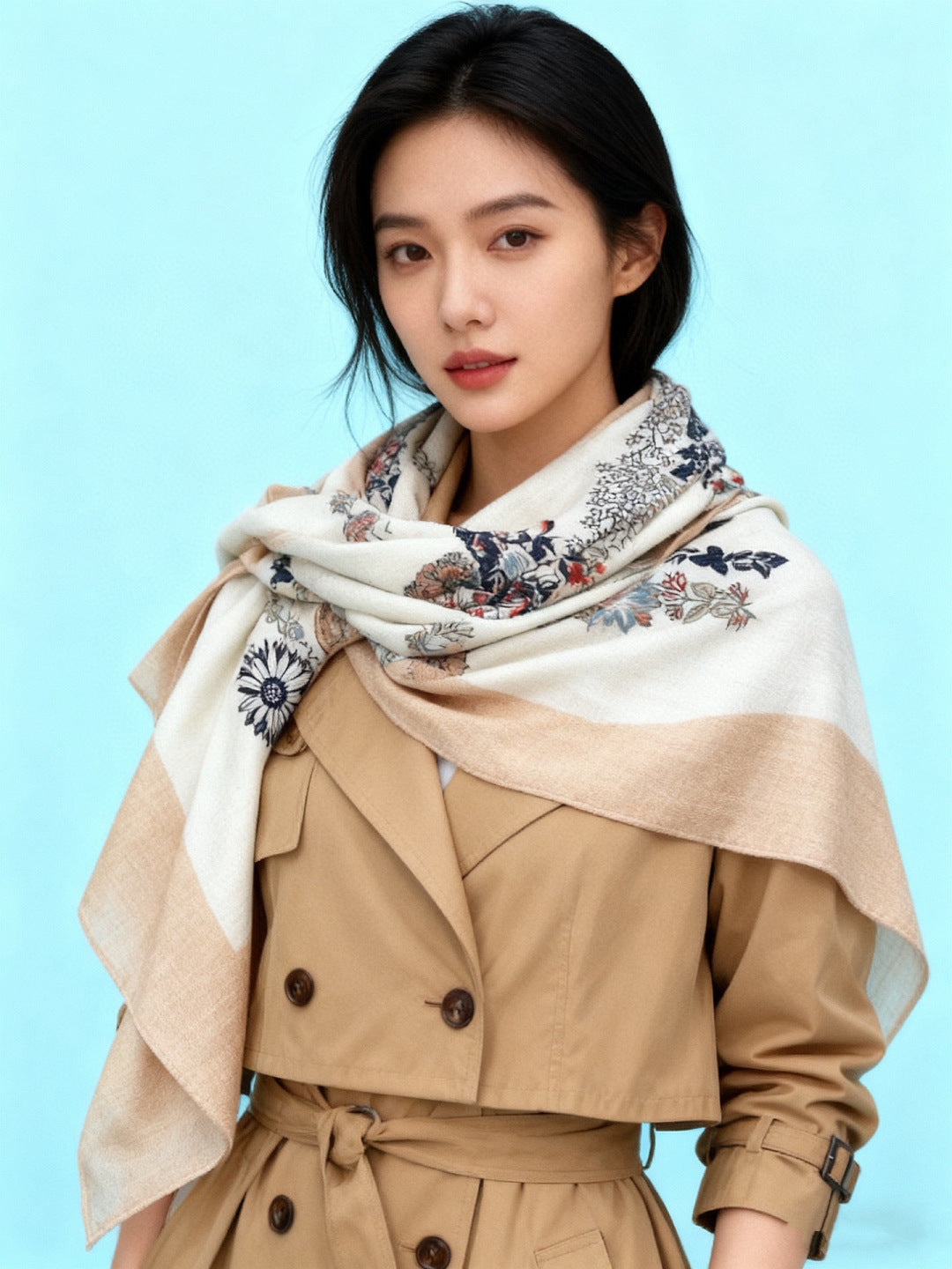 HM 25s Velvet Square Scarf 140cm White Beige Black Cashmere 976216