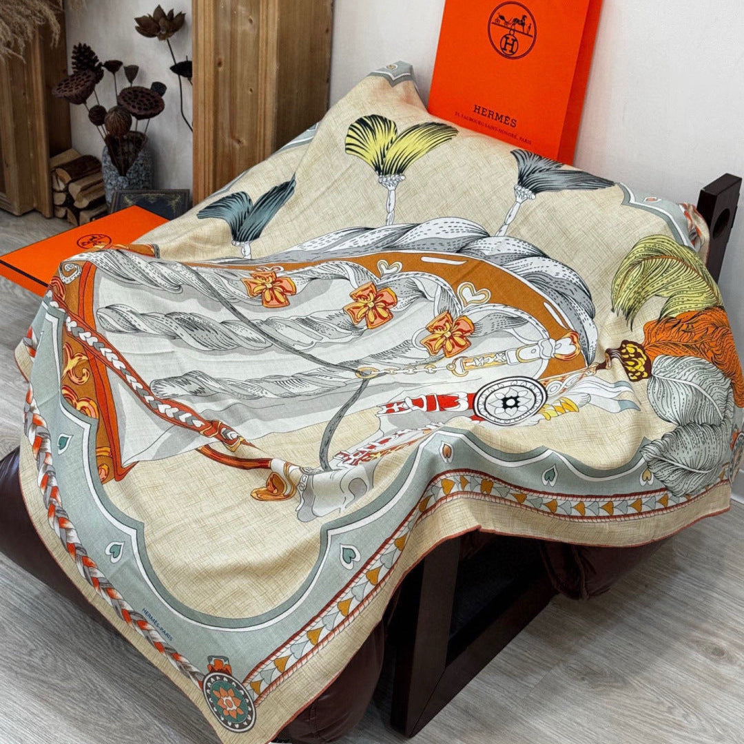 HM 25s Velvet Square Scarf 140cm Beige Colorful Cashmere 976218