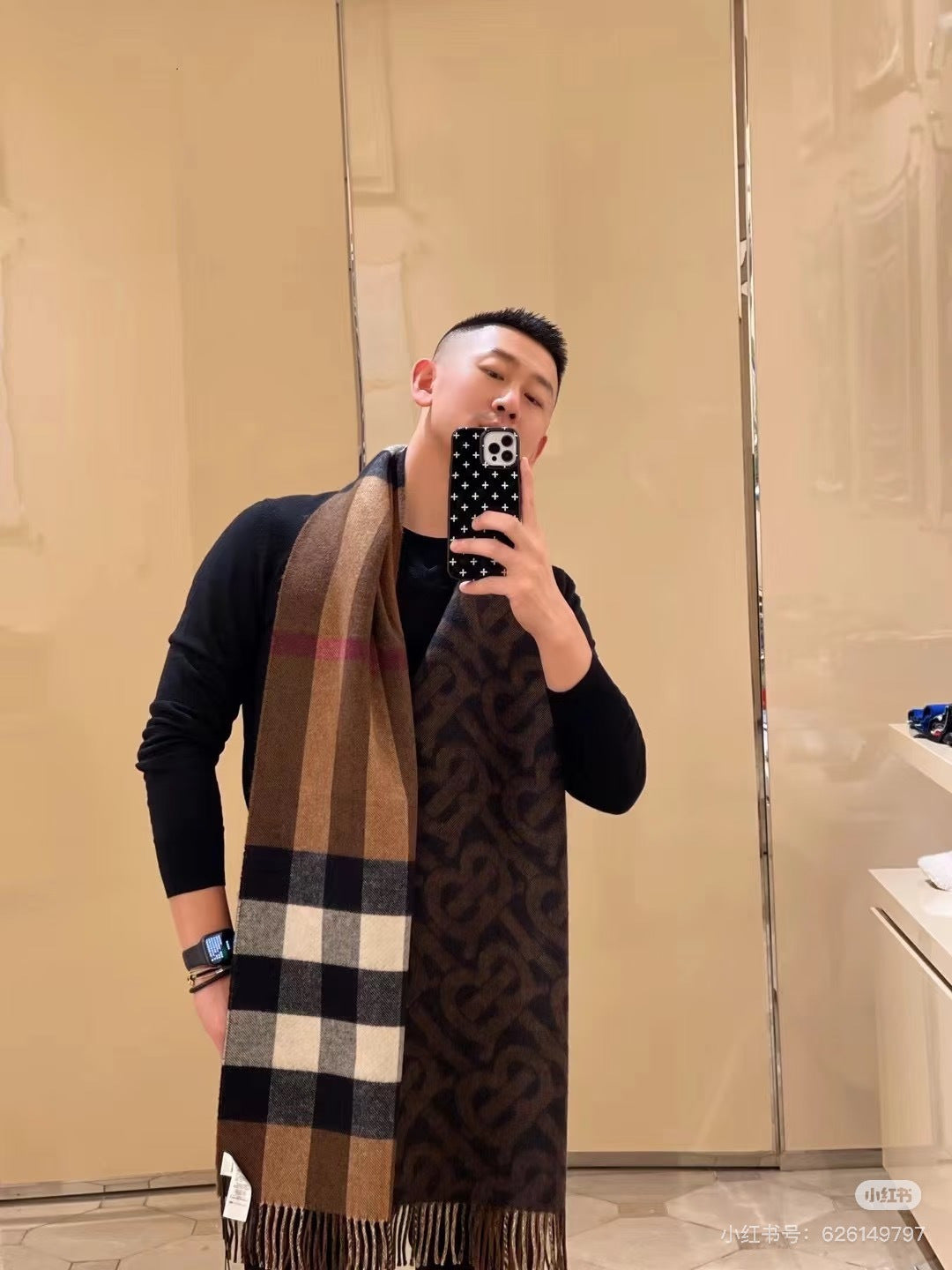 BBR Long Scarf 200CM Brown Black Cashmere 293420