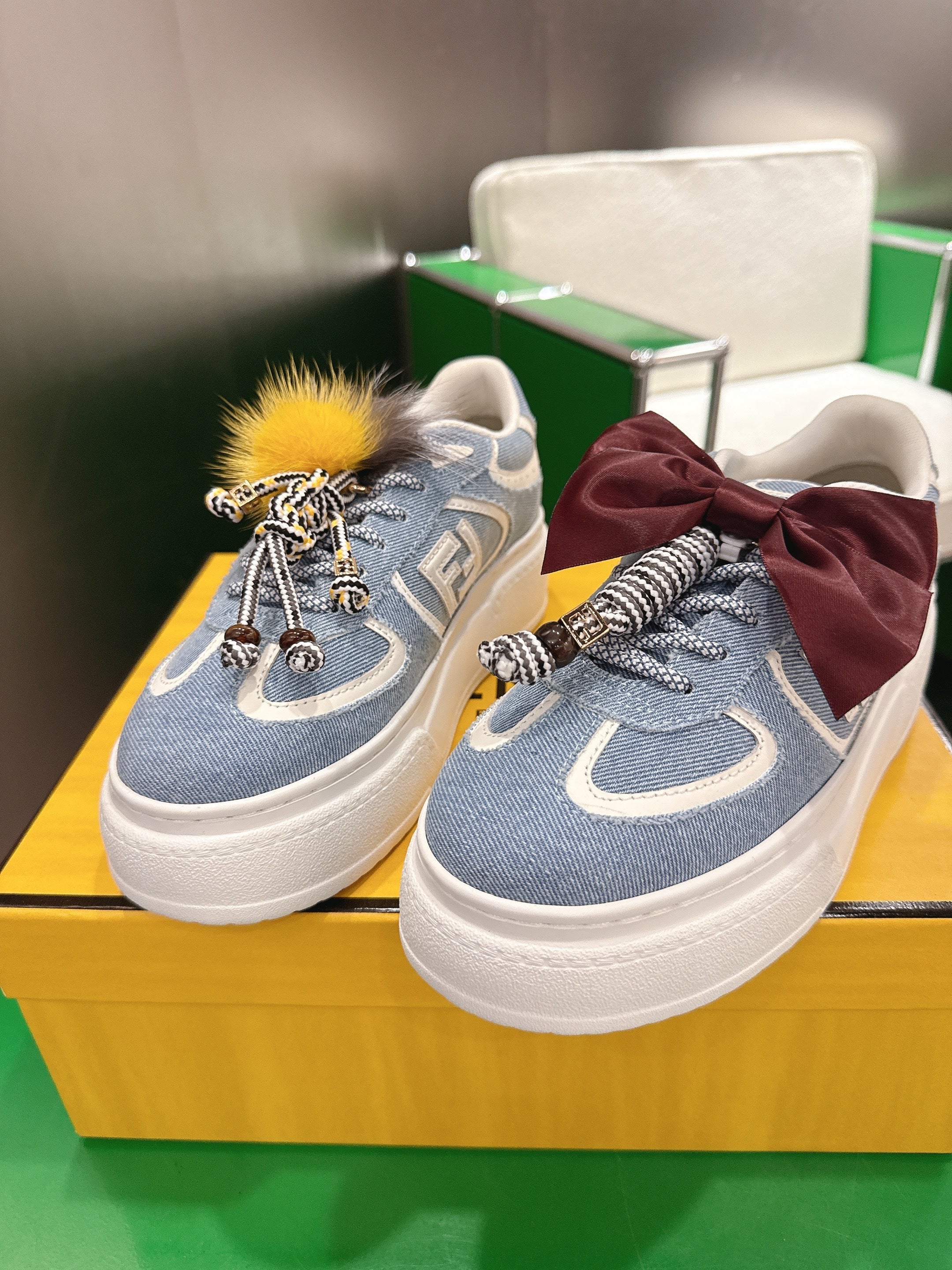 Fendi 2025 Match Platform Sneakers Blue White Denim Fabric 562577