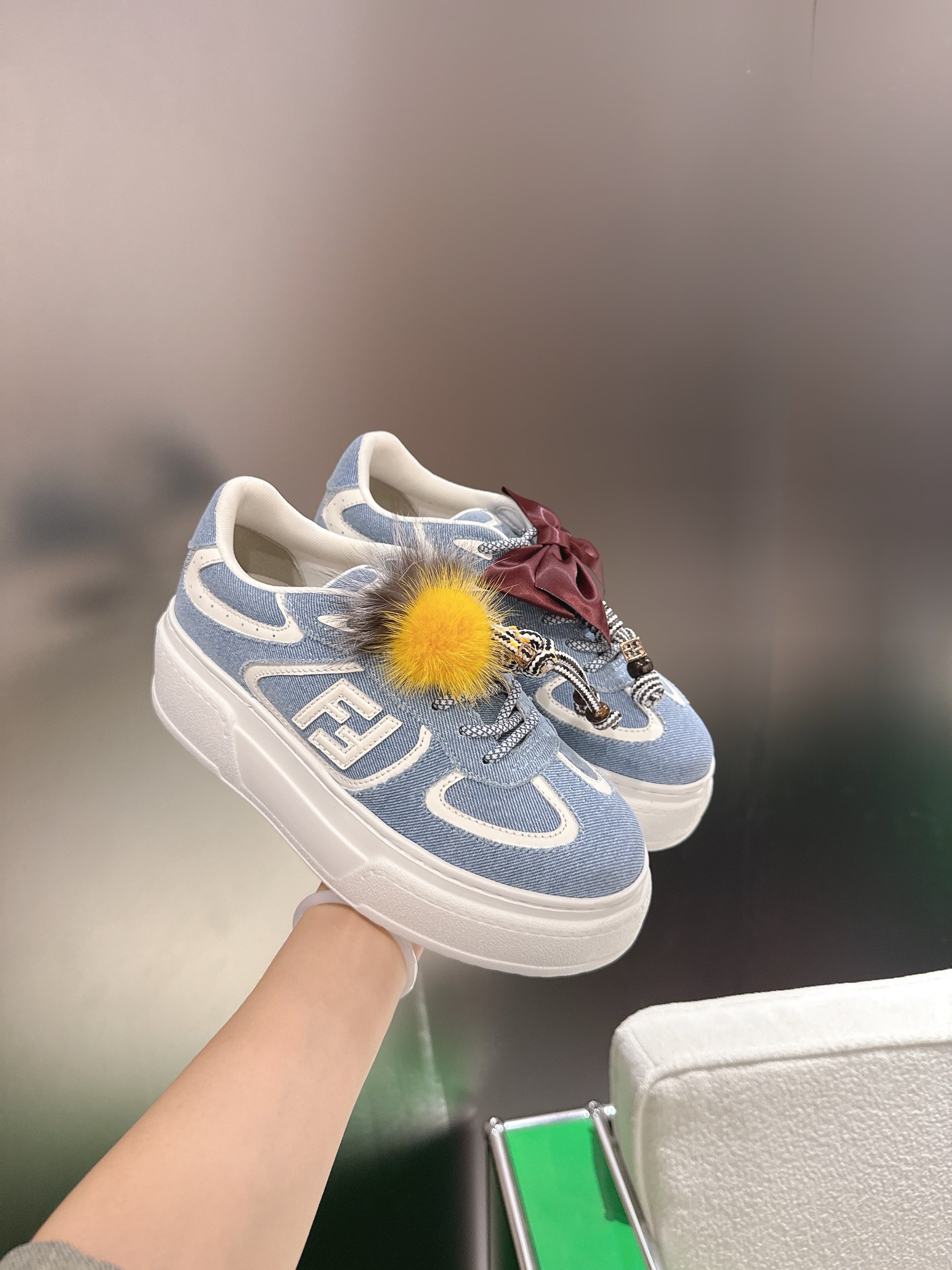 Fendi 2025 Match Platform Sneakers Blue White Denim Fabric 562577
