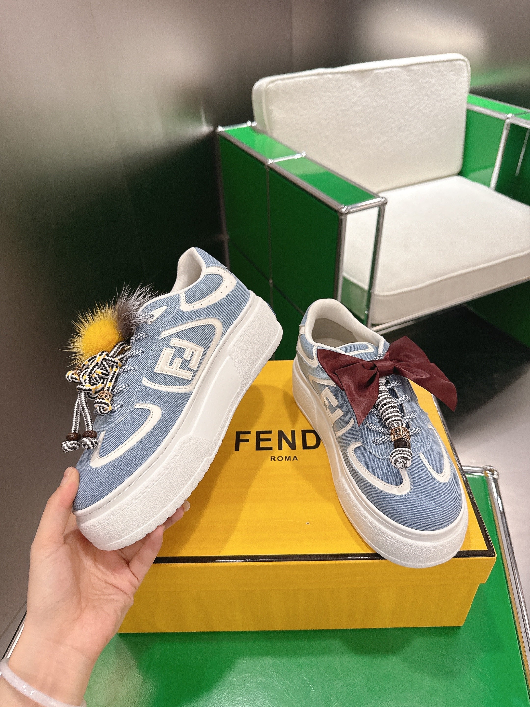 Fendi 2025 Match Platform Sneakers Blue White Denim Fabric 562577