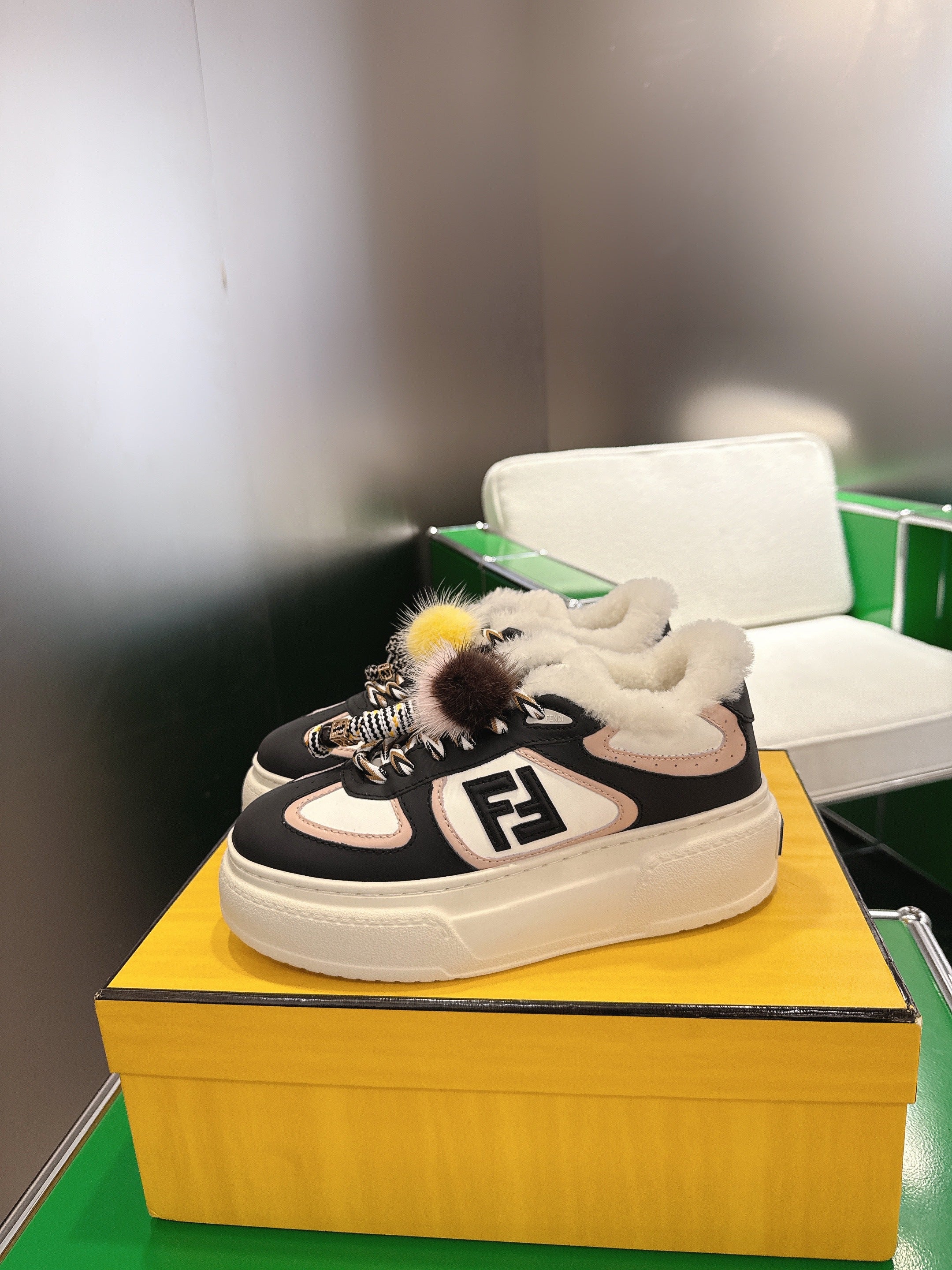 Fendi 2025 Match Platform Sneakers Black Leather Wool 562578
