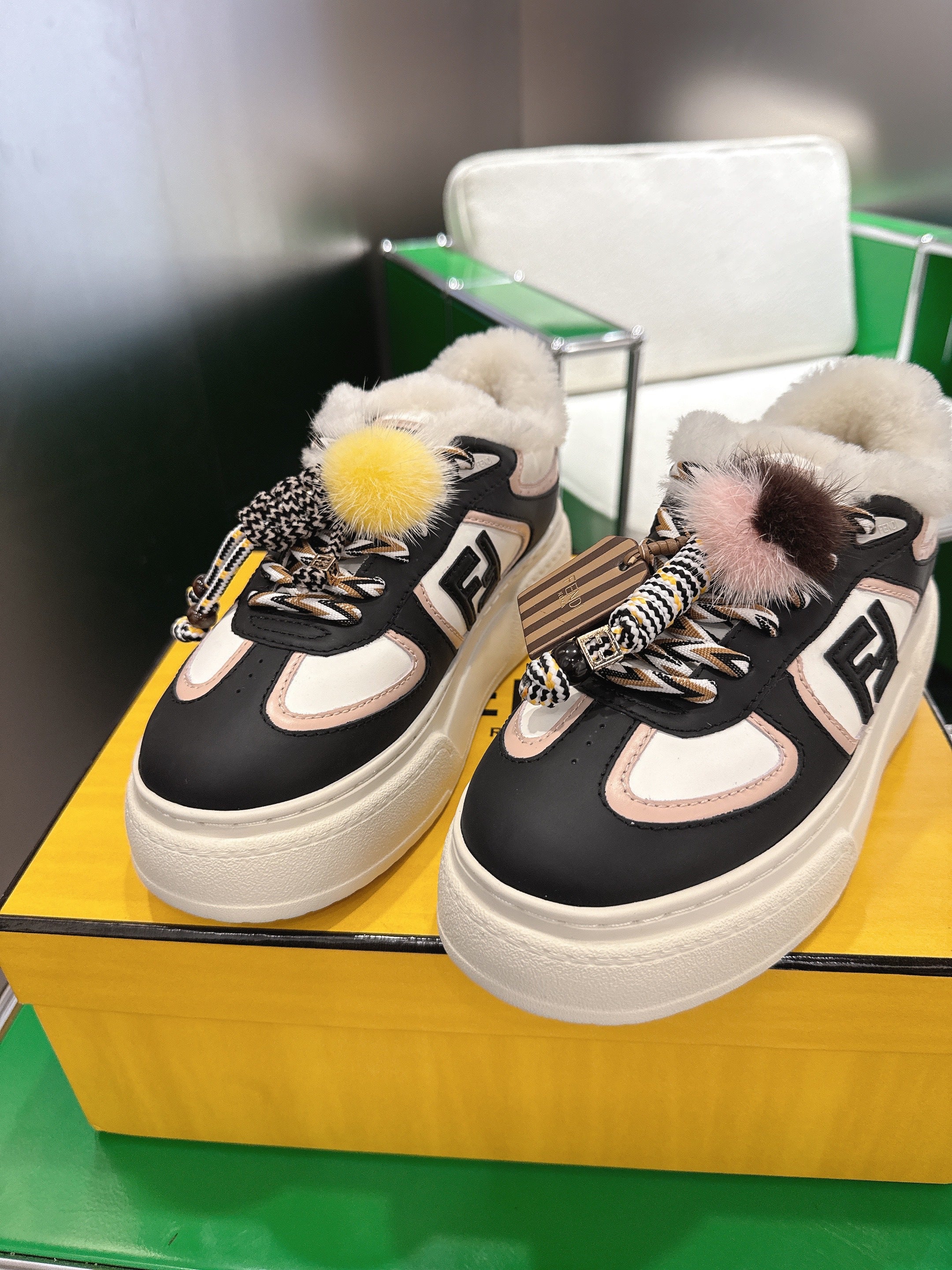 Fendi 2025 Match Platform Sneakers Black Leather Wool 562578