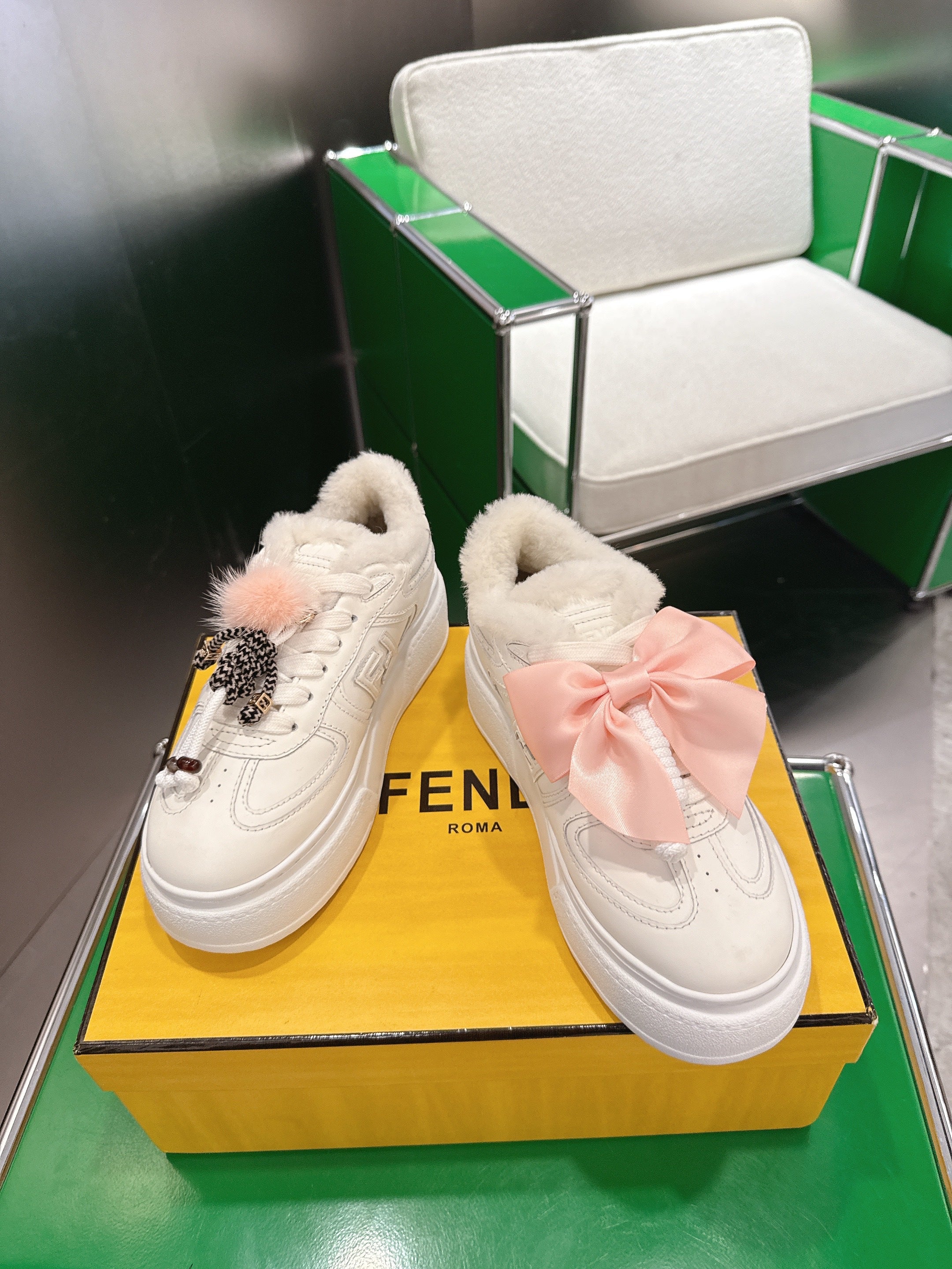 Fendi 2025 Match Platform Sneakers White Leather Wool 562581