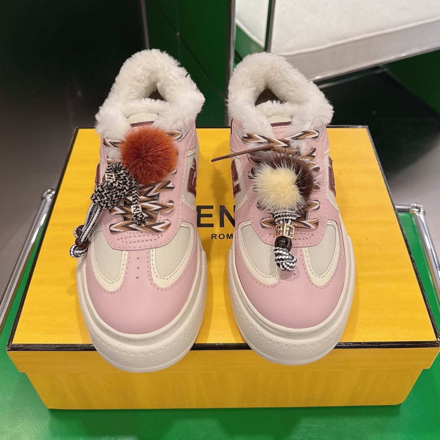 Fendi 2025 Match Platform Sneakers Pink White Leather Wool 562582