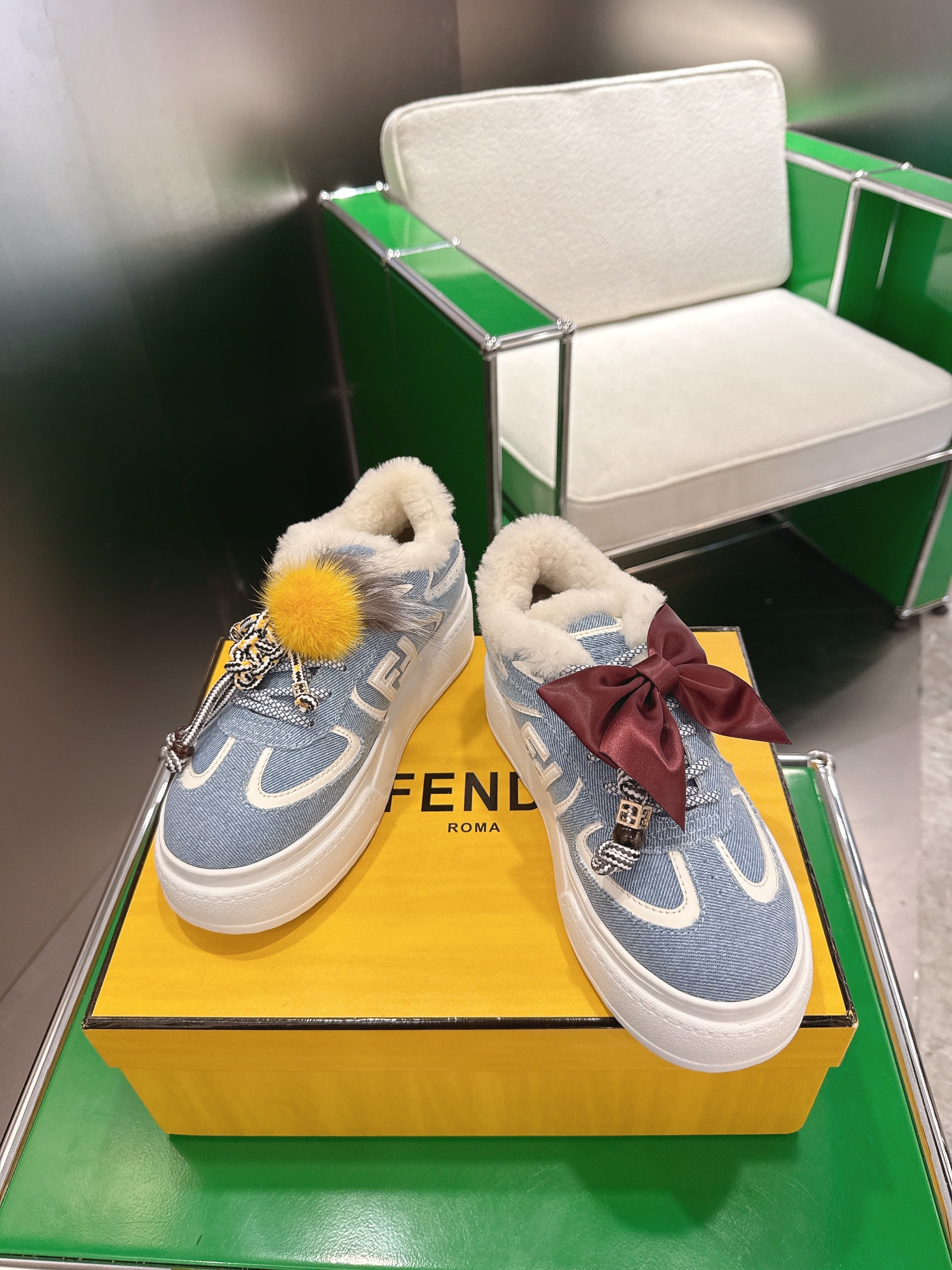 Fendi 2025 Match Platform Sneakers Blue White Denim Fabric Wool 562583