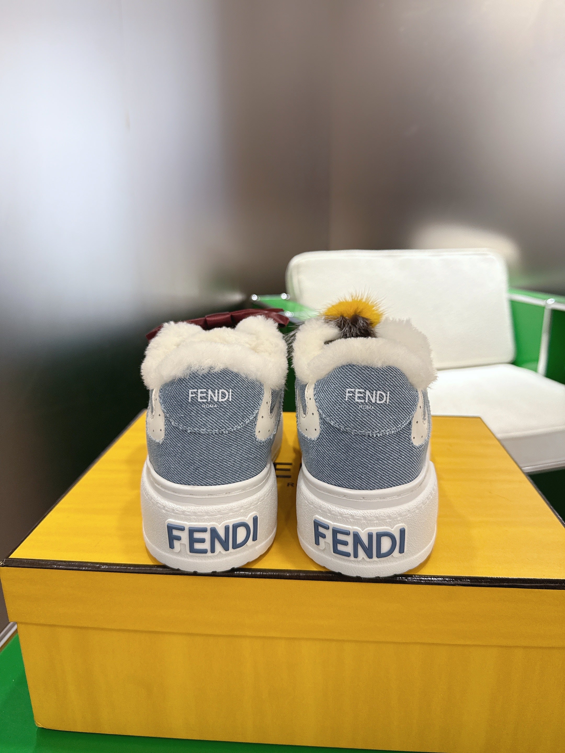 Fendi 2025 Match Platform Sneakers Blue White Denim Fabric Wool 562583