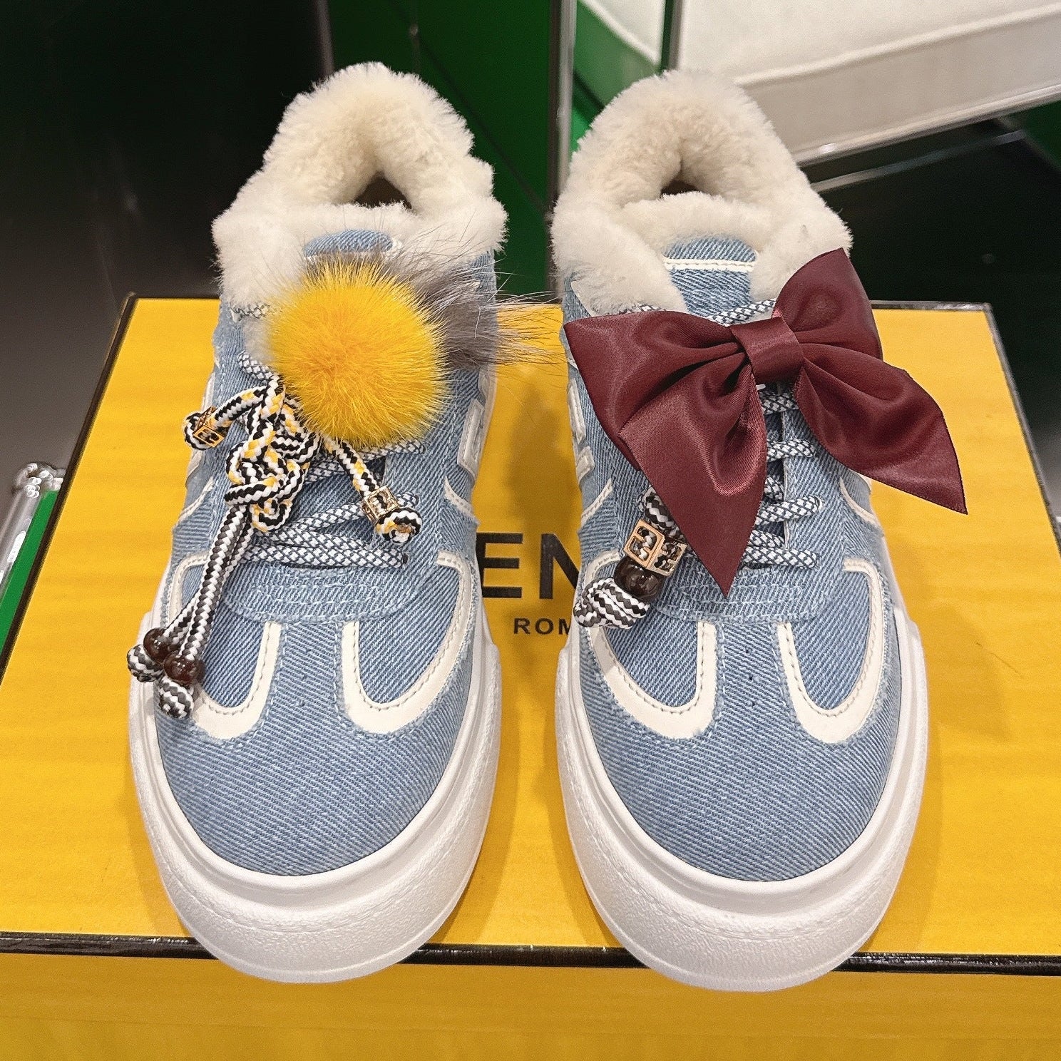 Fendi 2025 Match Platform Sneakers Blue White Denim Fabric Wool 562583